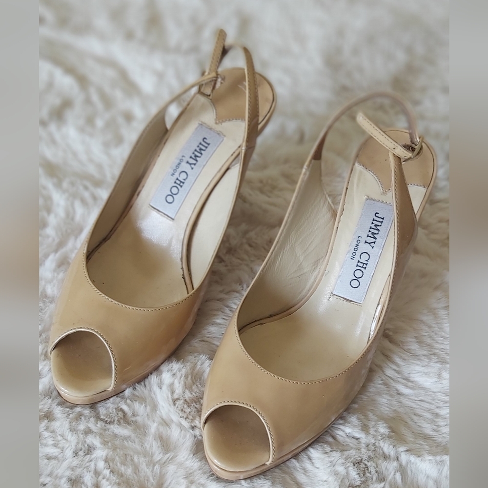Jimmy Choo Beige Patent Peep-Toe Slingbacks